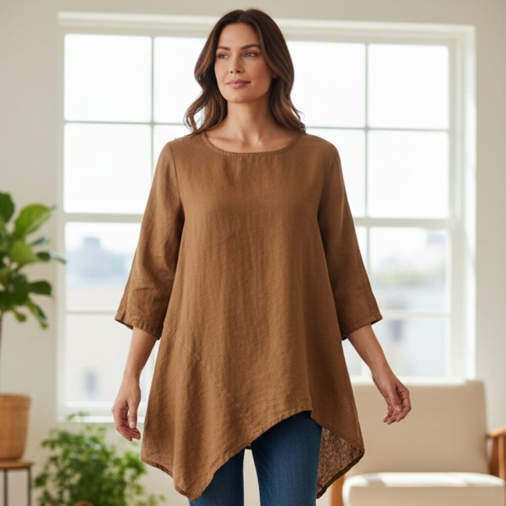 Bryn Walker Linen Asymmetric‎ Tunic Top Sz M Brown 25S